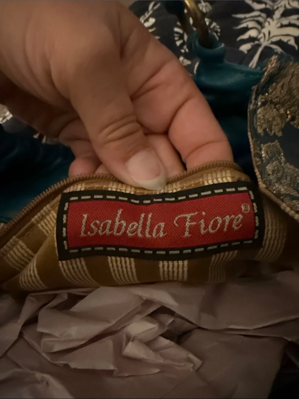 Isabella Fiore Teal Shoulder Bag with Gold Brocade